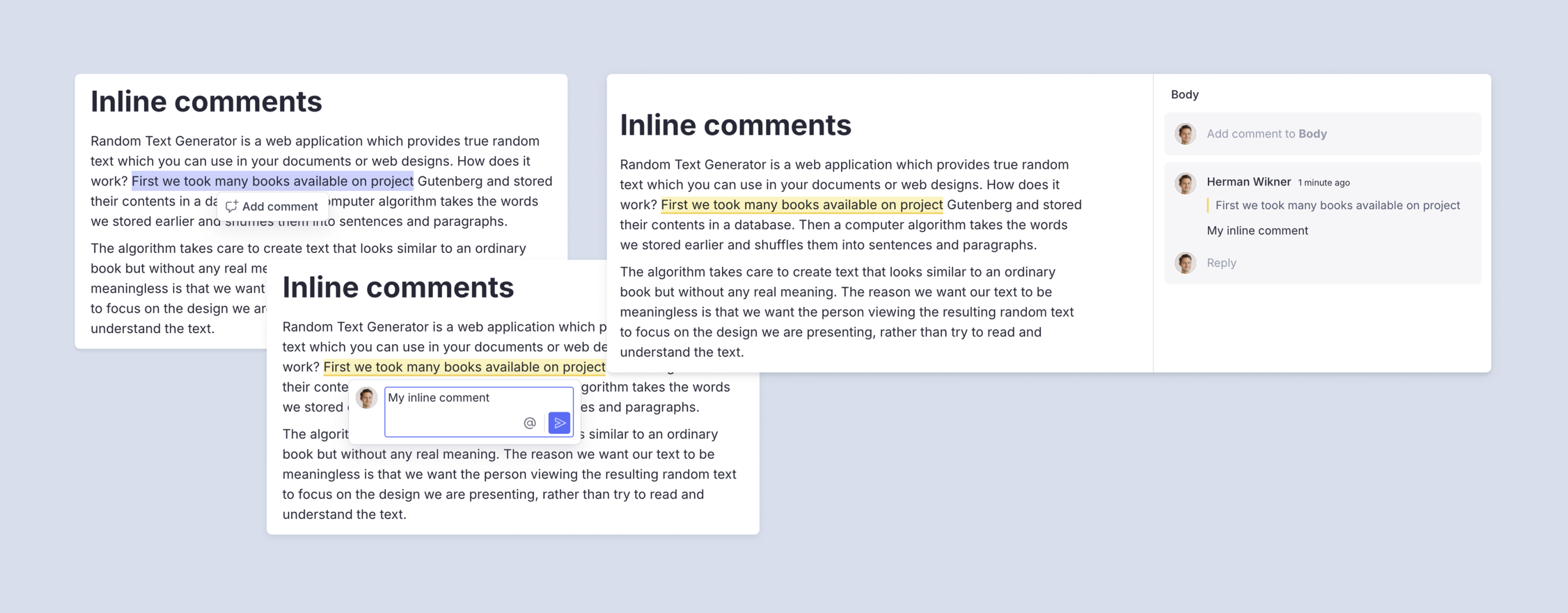 Shows highlighted sentences in the Portable Text Editor with Comments popover