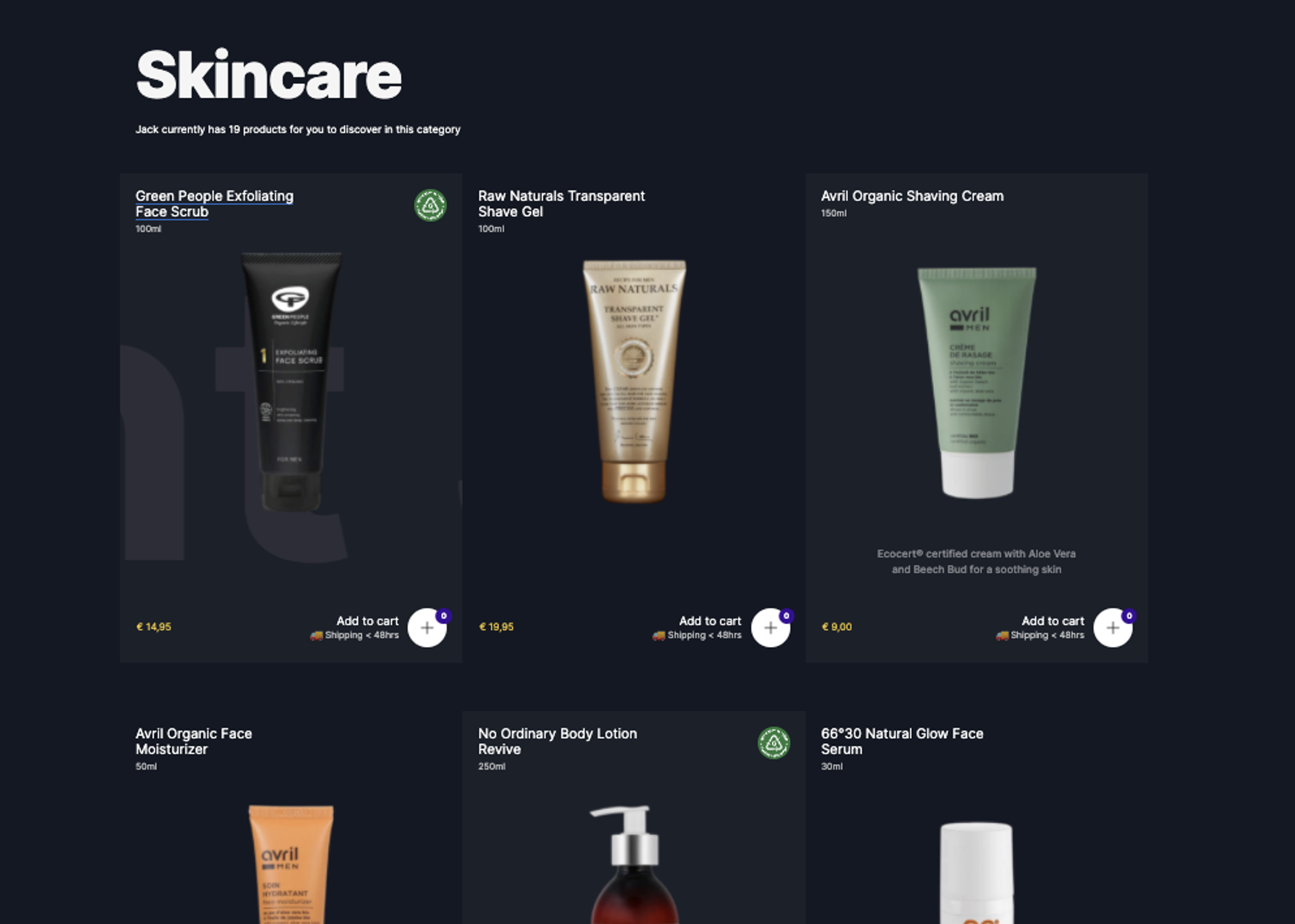 A screenshot of the product grid from the Skincare section of the site.