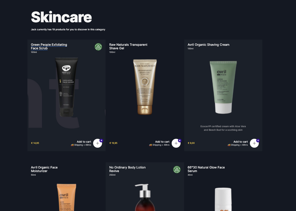 A screenshot of the product grid from the Skincare section of the site. A screenshot of the product grid from the Skincare section of the site.
