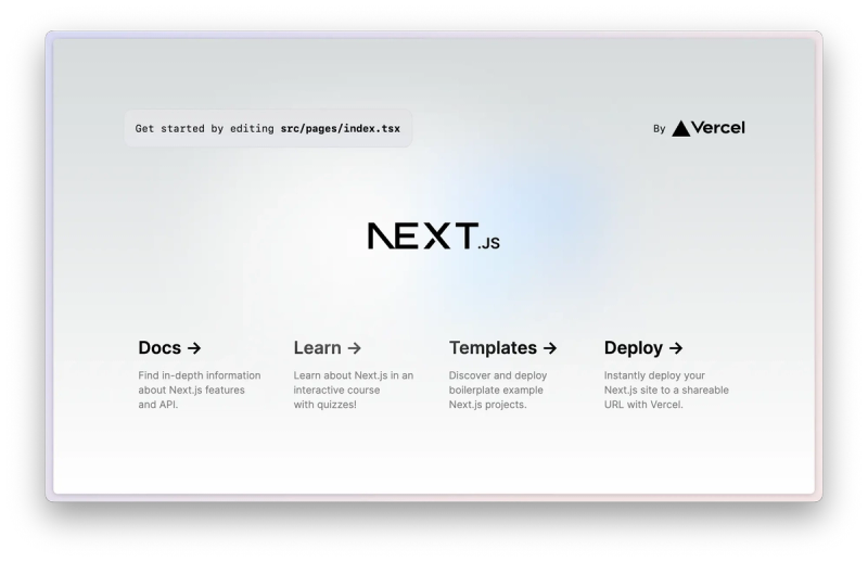 Screenshot of the Next.js landing page featuring the text ‘Get started by editing src/pages/index.tsx’ at the top. The Next.js logo is displayed in the center with links below for ‘Docs,’ ‘Learn,’ ‘Templates,’ and ‘Deploy,’ each accompanied by a short description. The page is branded ‘By Vercel’ in the top right corner.