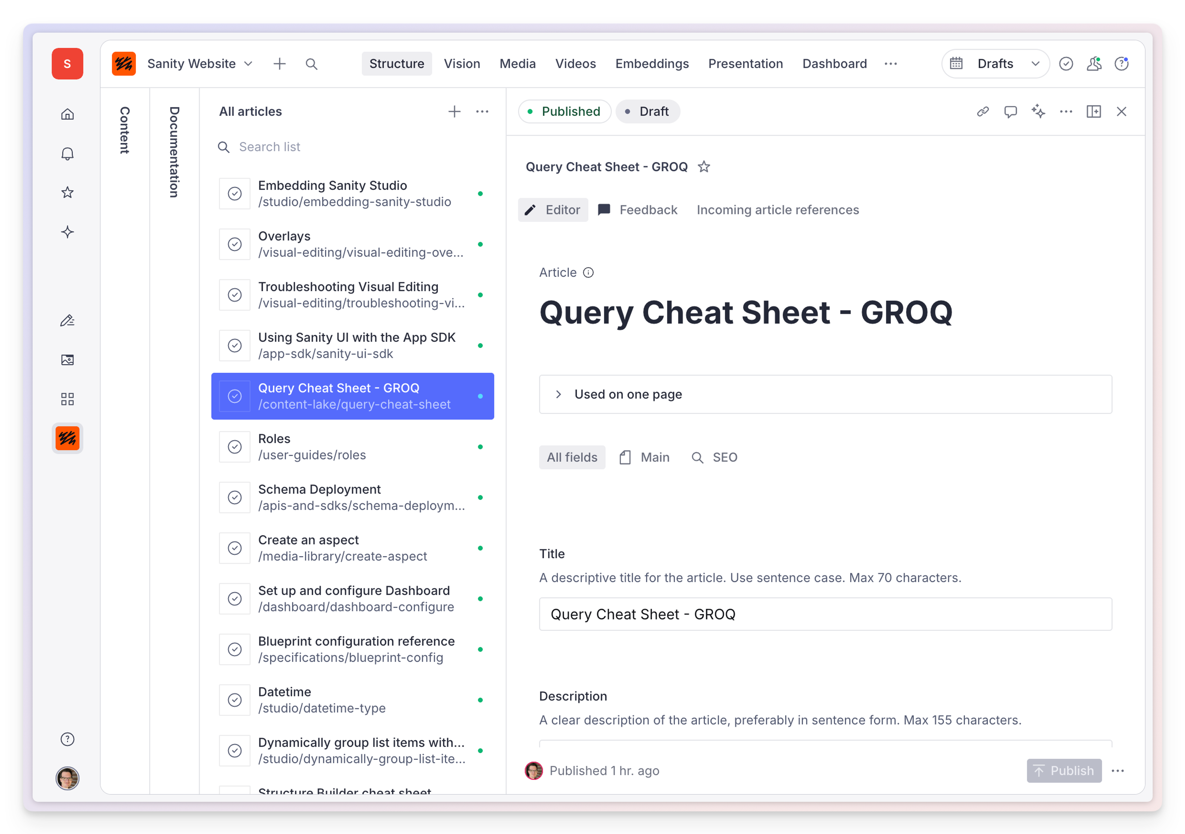 Sanity Studio inside the dashboard