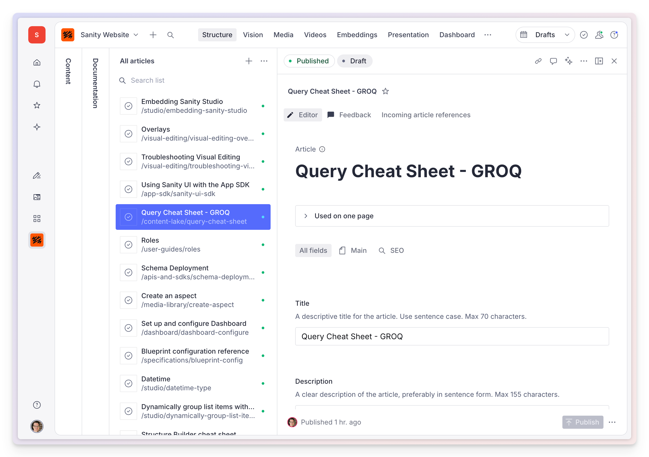 Sanity Studio interface displaying a list of articles, with "Query Cheat Sheet - GROQ" selected for editing.
