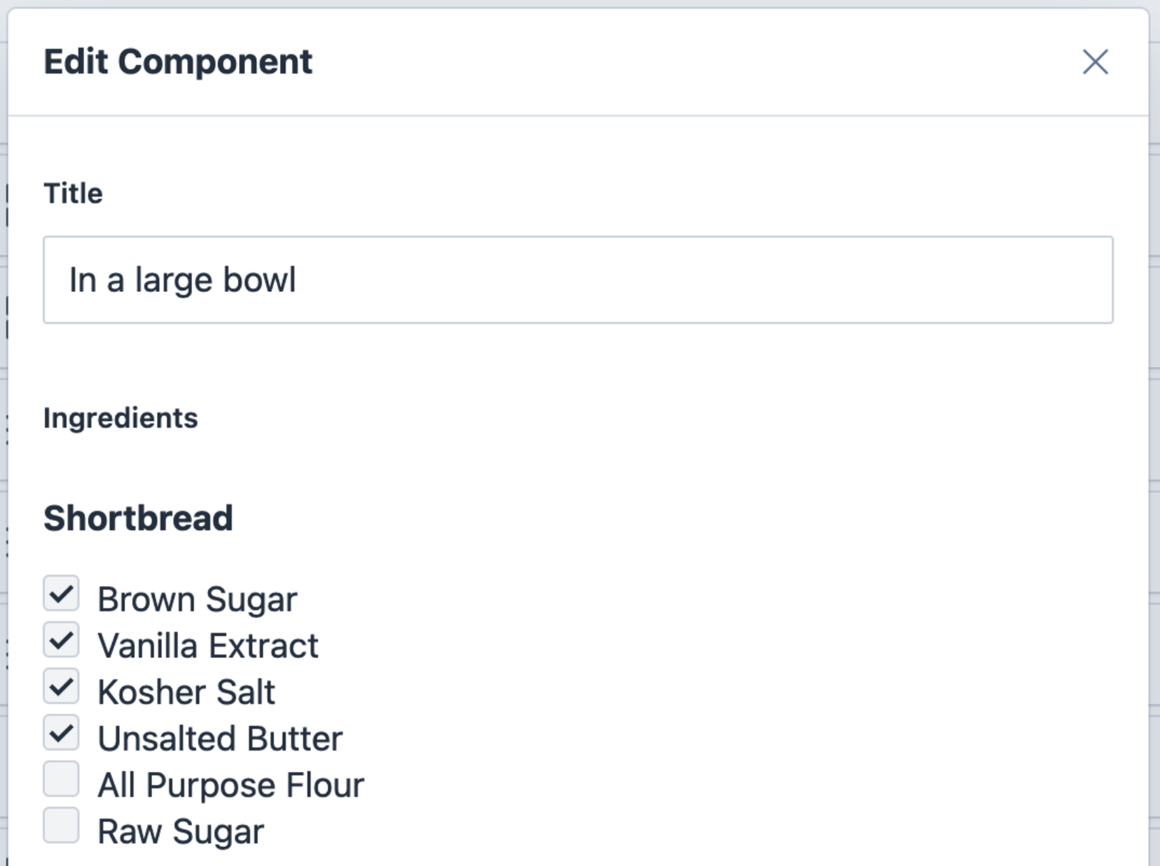 Ingredients list in the Sanity Studio