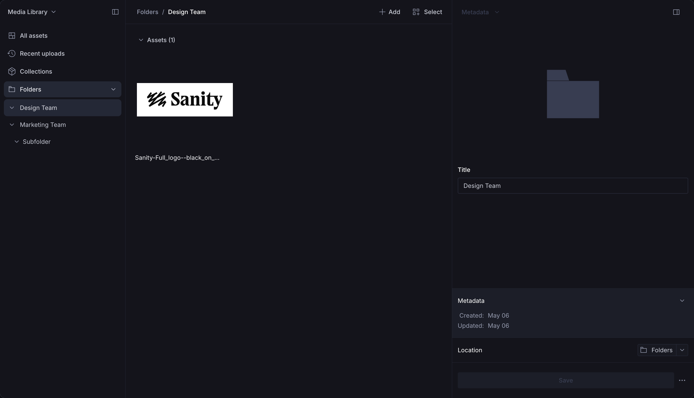 A dark-themed digital asset management interface showing the "Design Team" folder with a Sanity logo asset and its metadata.