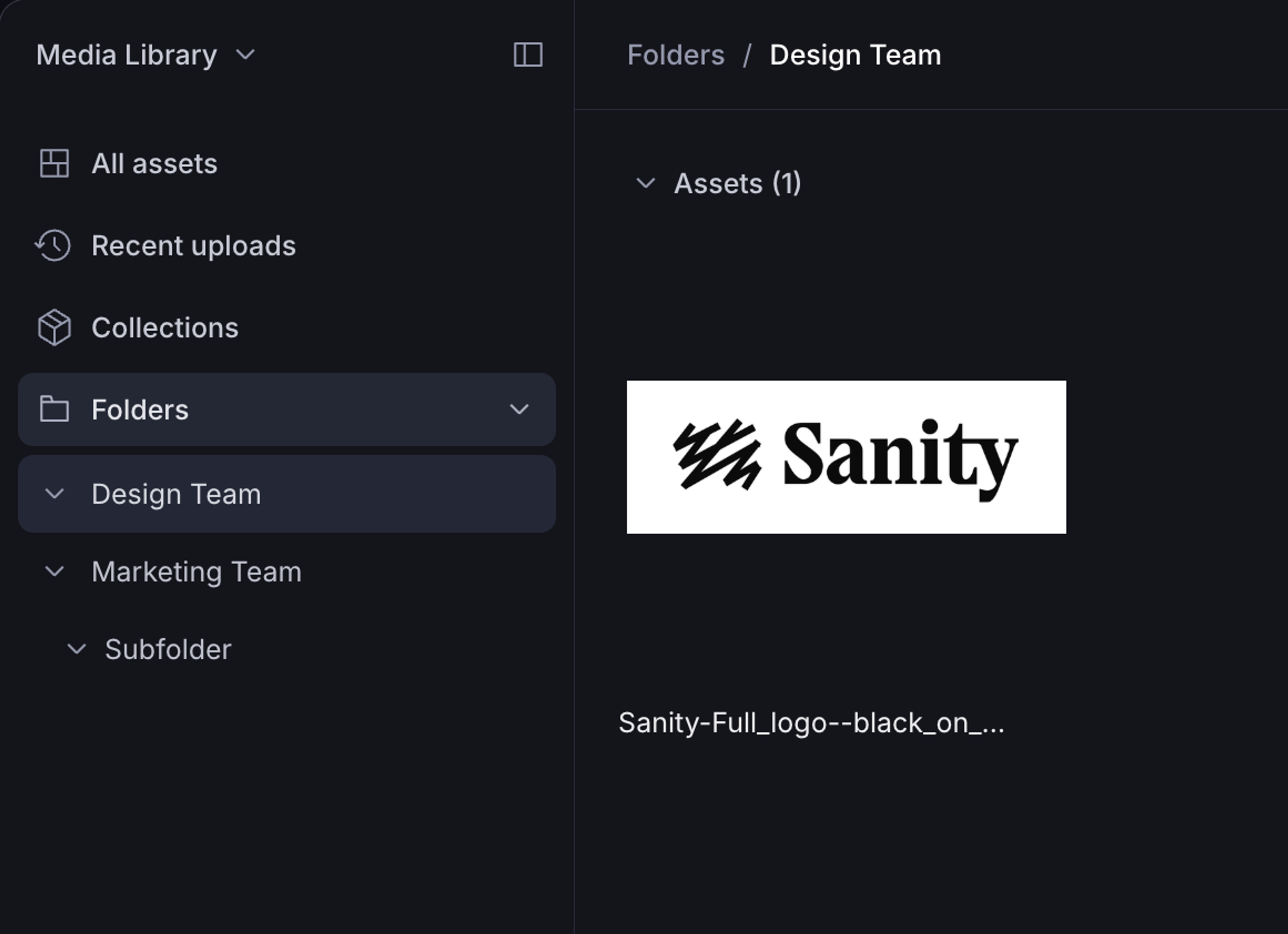 A dark-themed digital asset management interface showing the "Design Team" folder with a Sanity logo asset and its metadata.