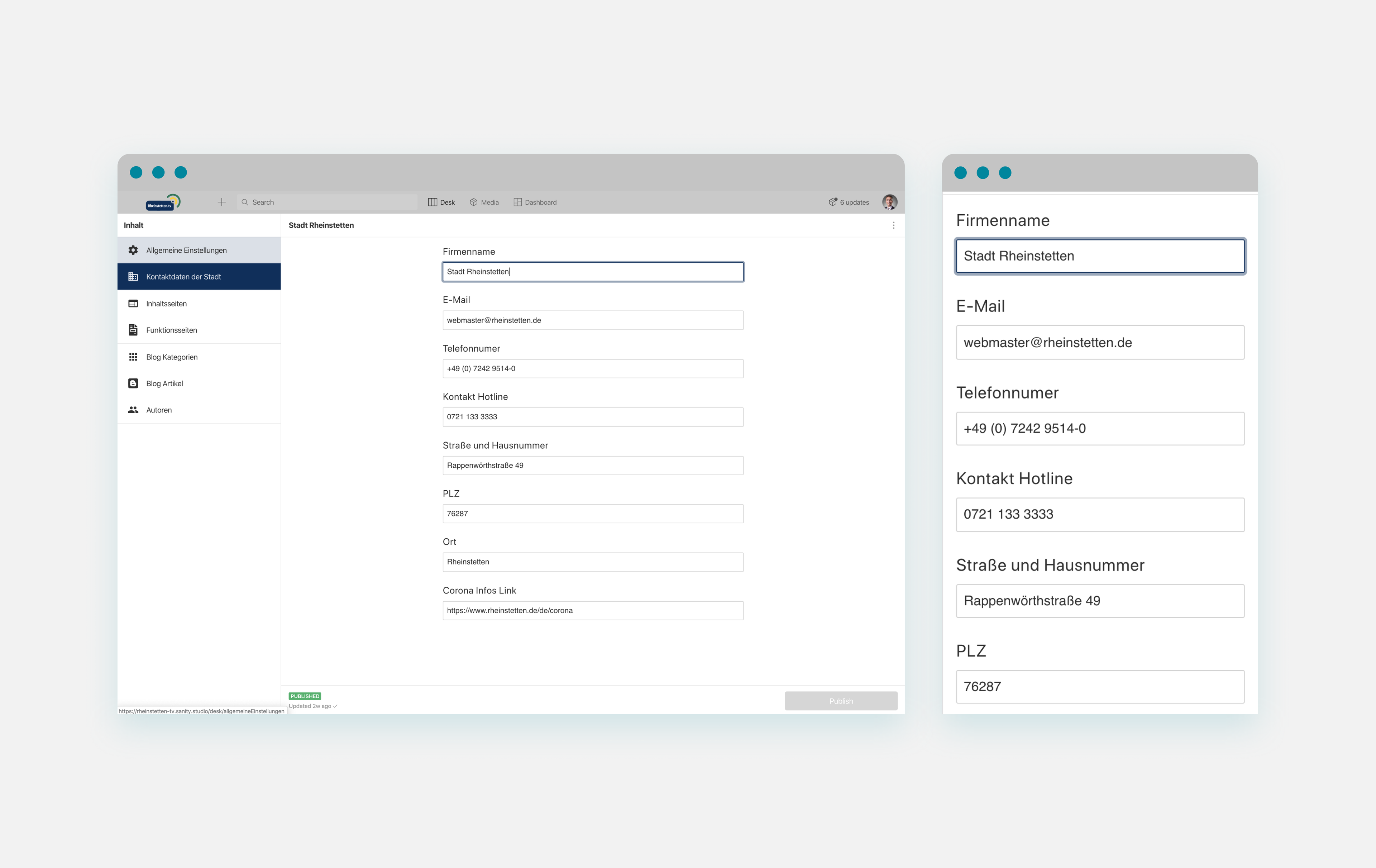 The customized responsive Sanity Studio showing site settings