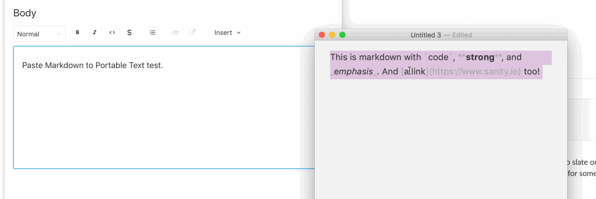 Pasting markdown into the editor for portable text
