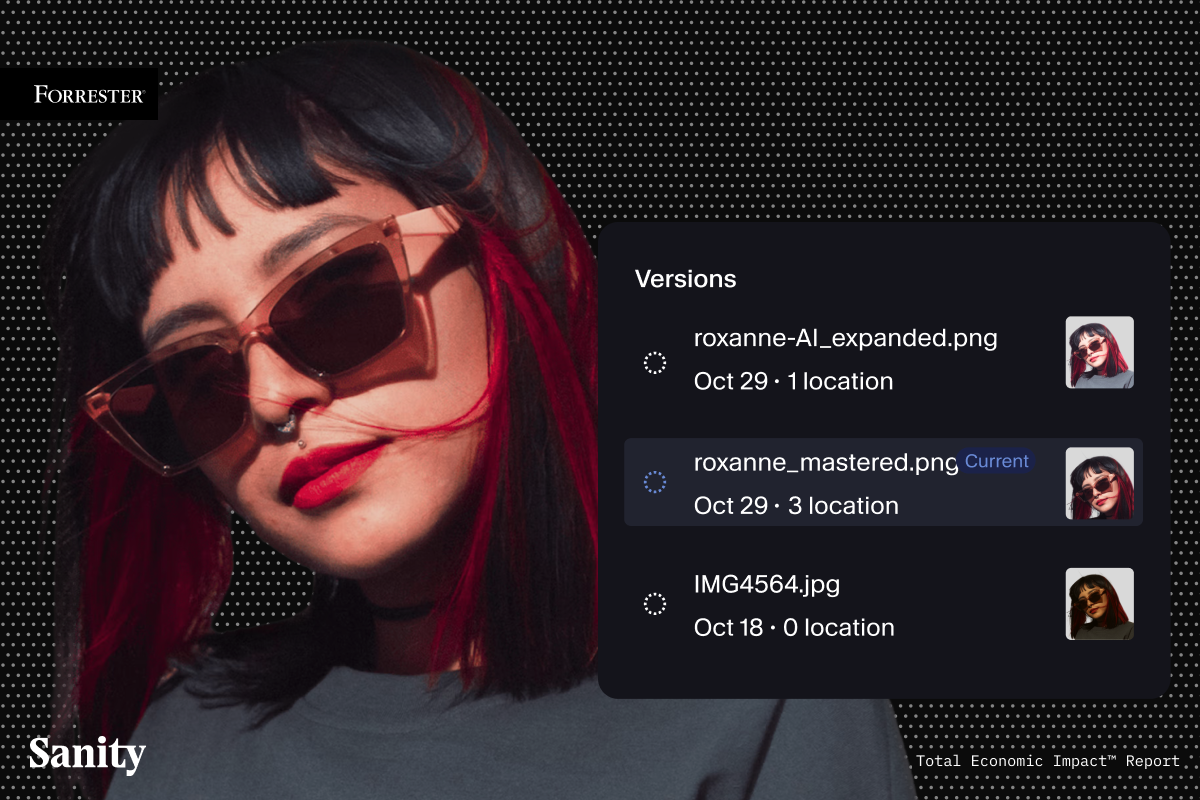 A woman with red-streaked hair and sunglasses, next to a "Versions" panel showing different image files, one labeled "roxanne_mastered.png Current."