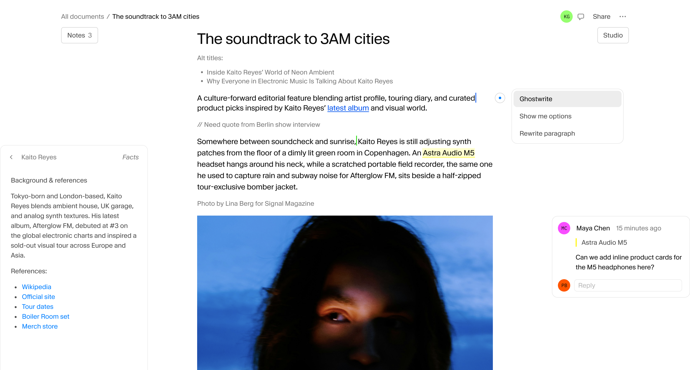 A document editor displaying an article about Kaito Reyes, with an AI writing assistant and a collaboration comment visible.