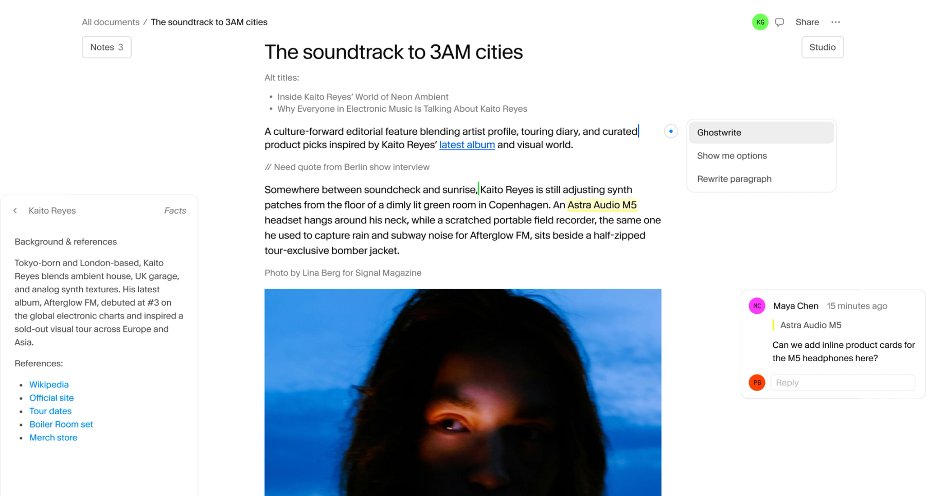 A document editor displaying an article about Kaito Reyes, with an AI writing assistant and a collaboration comment visible.