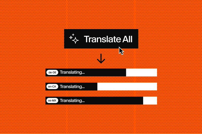 Mouse cursor on "Translate All" button, showing three progress bars for de-DE, en-CA, and es-MX actively translating.