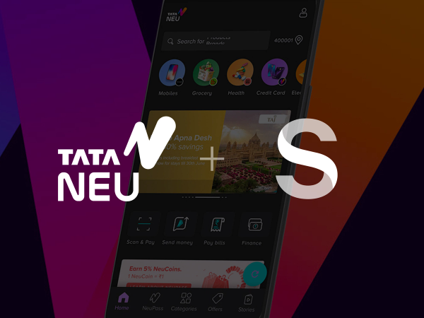 a phone screen displays the Tata Neu app with superimposed logos of Tata Neu and Sanity 