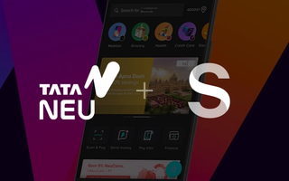 a phone screen displays the Tata Neu app with superimposed logos of Tata Neu and Sanity 