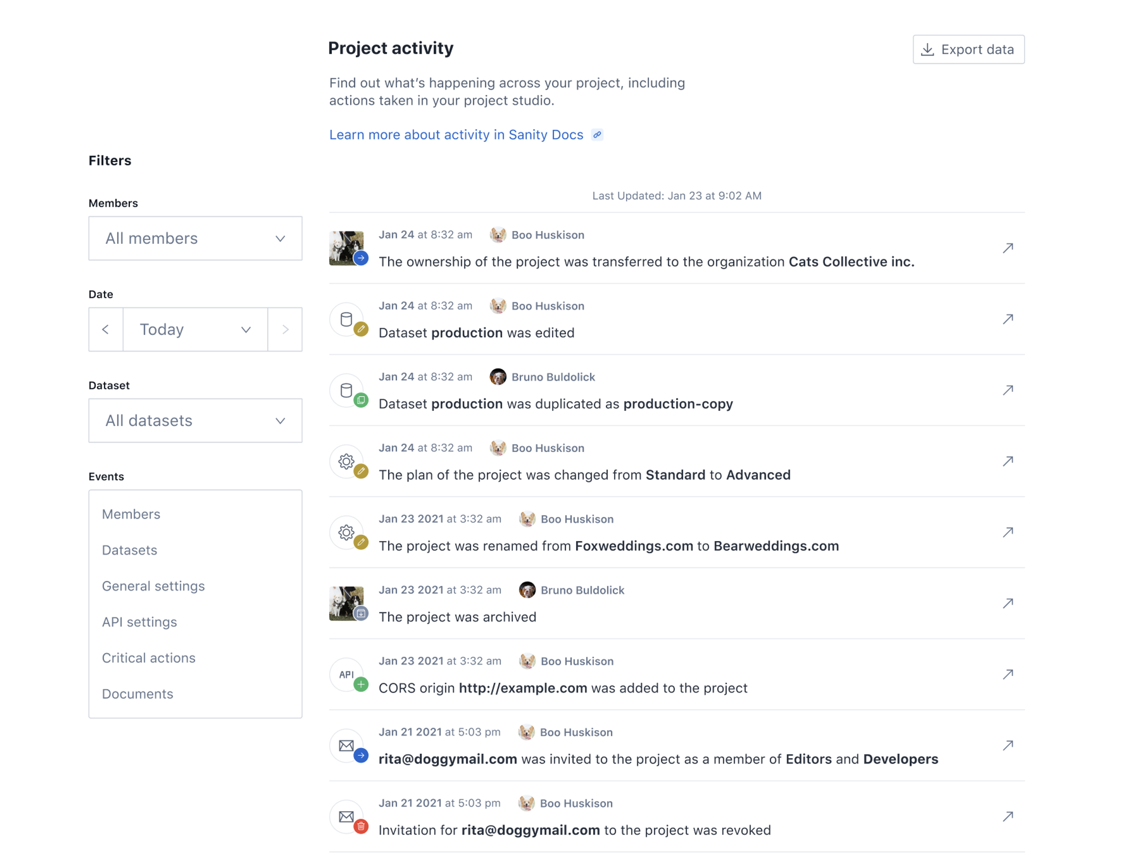 Screenshot of the project activity from sanity.io/manage