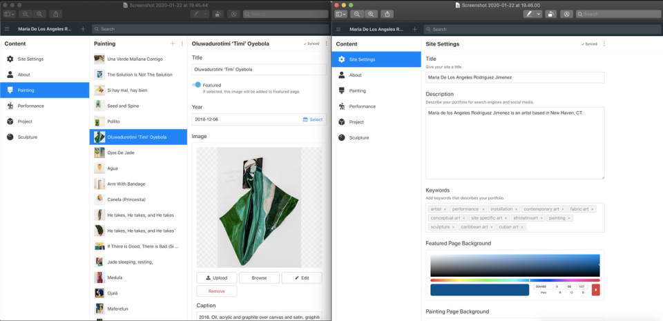 Screenshot of Sanity Studio showing paintings and site settings Screenshot of Sanity Studio showing paintings and site settings