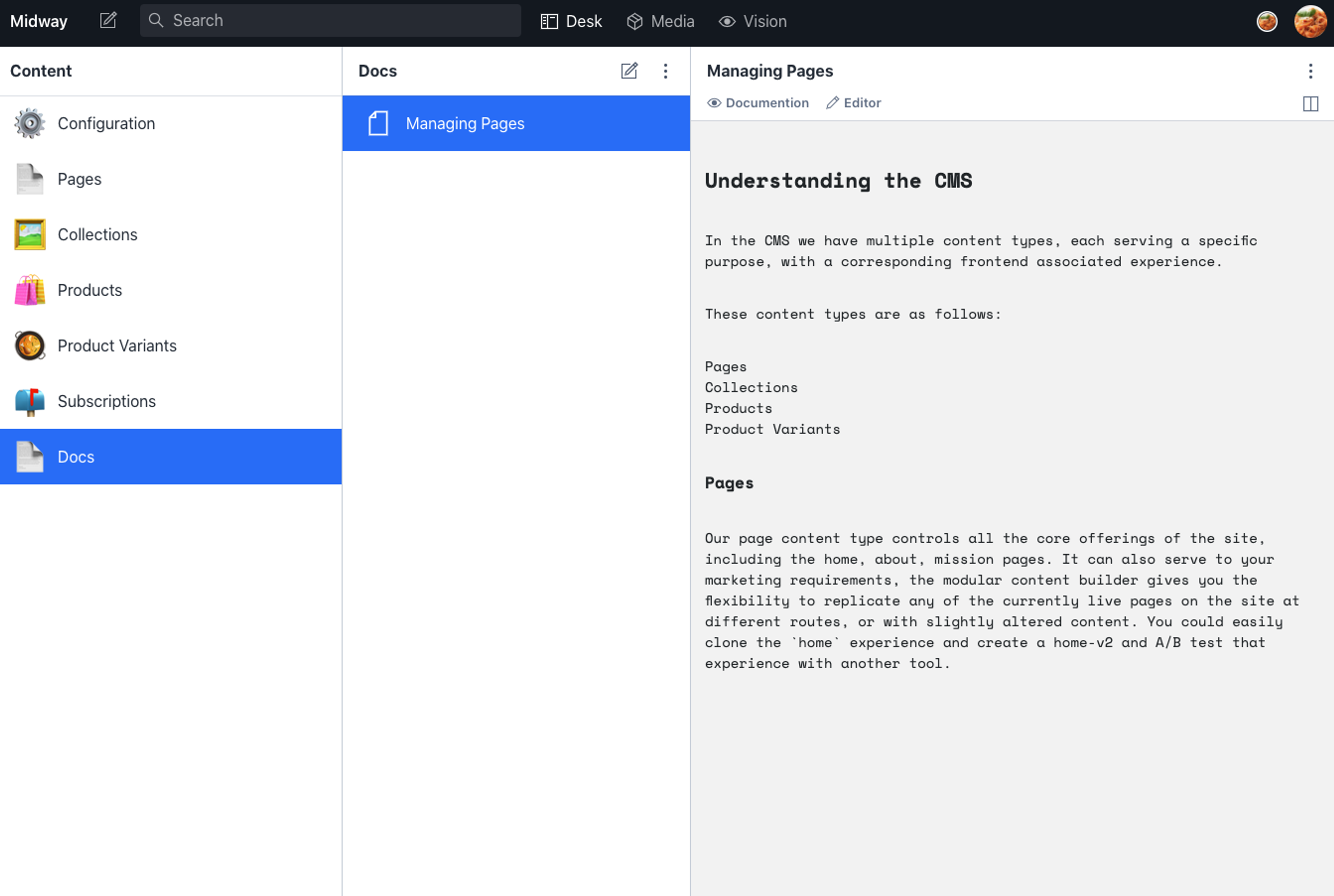 "Managing Pages" documentation embedded directly in a "Docs" schema inside the Studio.