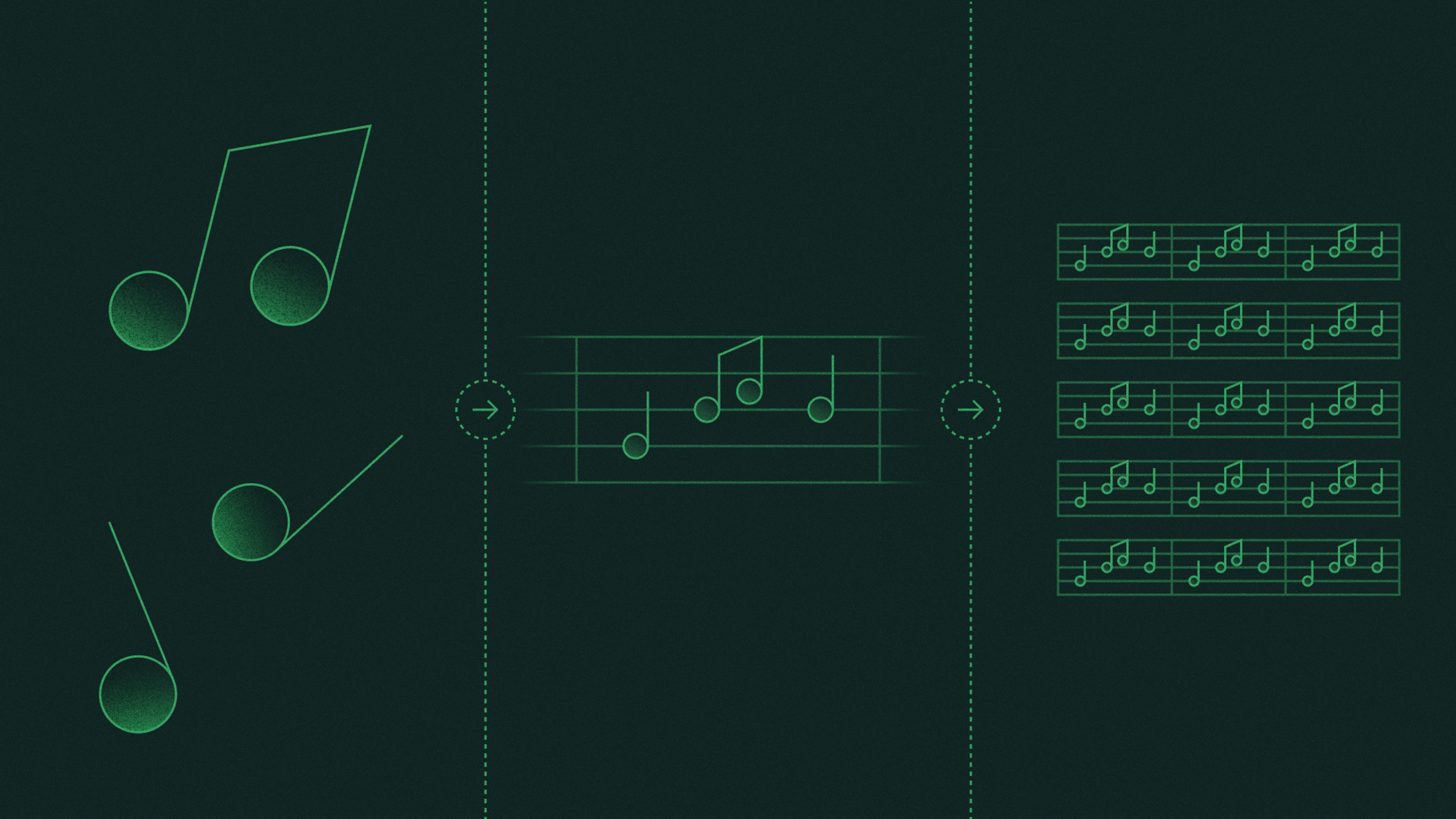 Music notes separately, grouped in a measure of music, and a larger piece of music.