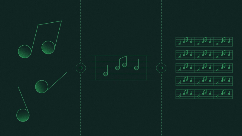 Music notes separately, grouped in a measure of music, and a larger piece of music.