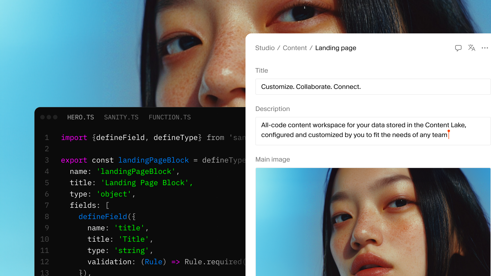 A code editor and a content management system interface with editable fields and an image of a person's face, layered over a large background image of the same person.