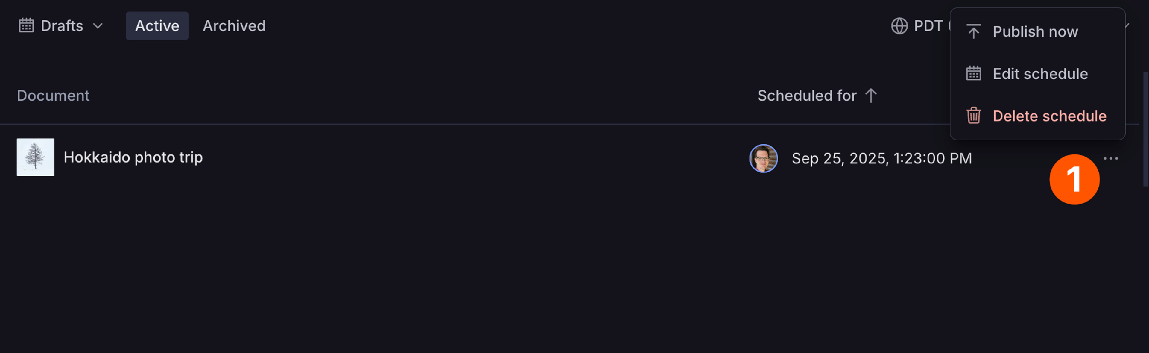 a screenshot of the scheduled draft edit actions menu