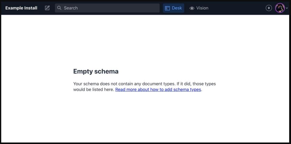 Screenshot of an old Sanity installation showing the words "Empty schema"