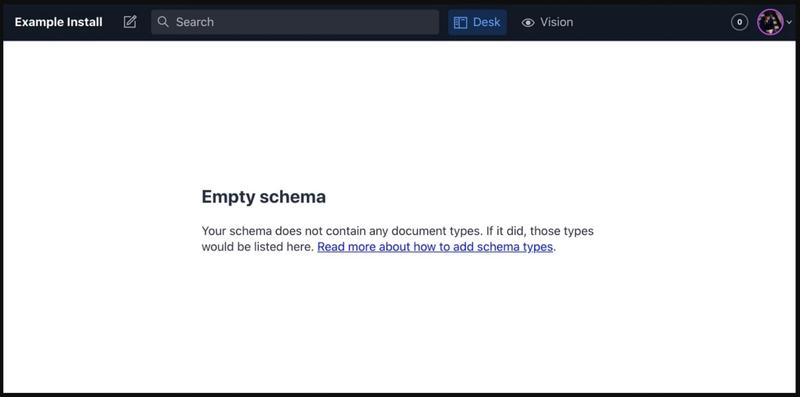 Screenshot of an old Sanity installation showing the words "Empty schema"