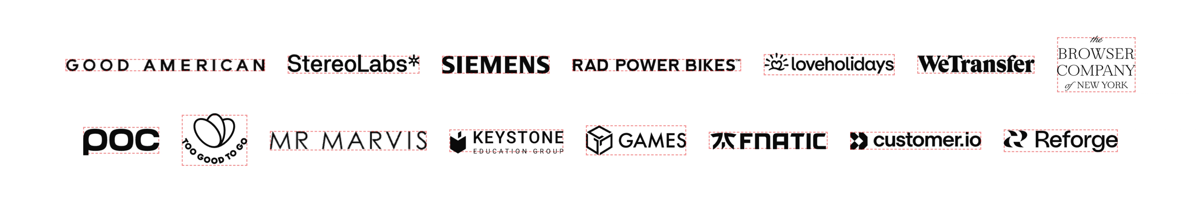 A grid of company logos including Good American, StereoLabs*, Siemens, Rad Power Bikes, loveholidays, WeTransfer, The Browser Company of New York, poc, Mr Marvis, Keystone Education Group, Games, Fnatic, customer.io, and Reforge.
