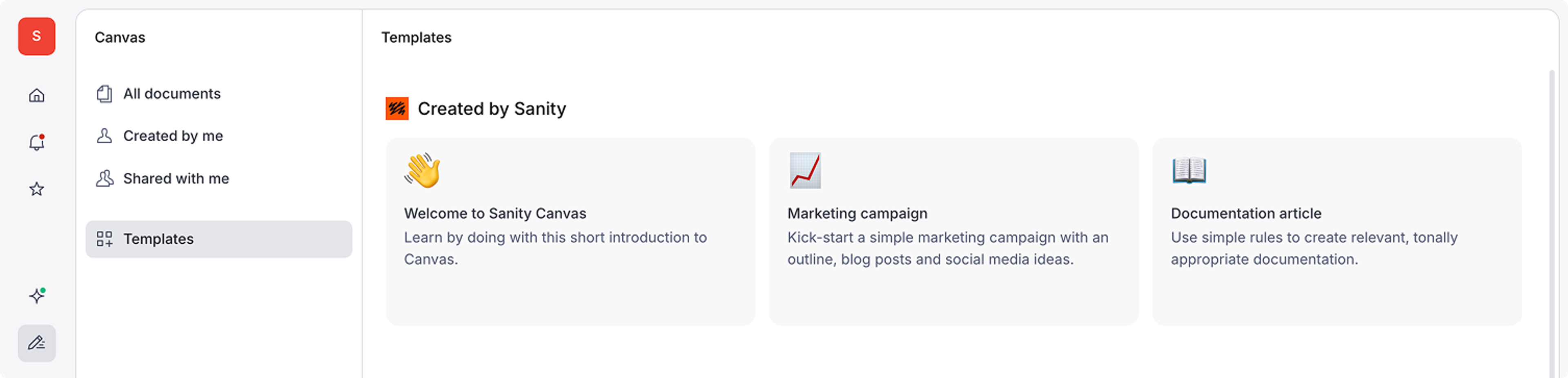 Sanity Canvas interface displaying the "Templates" section with predefined templates for Welcome, Marketing campaign, and Documentation article.