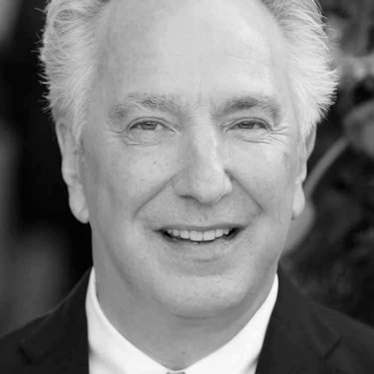 Alan Rickman in a square crop and grey color