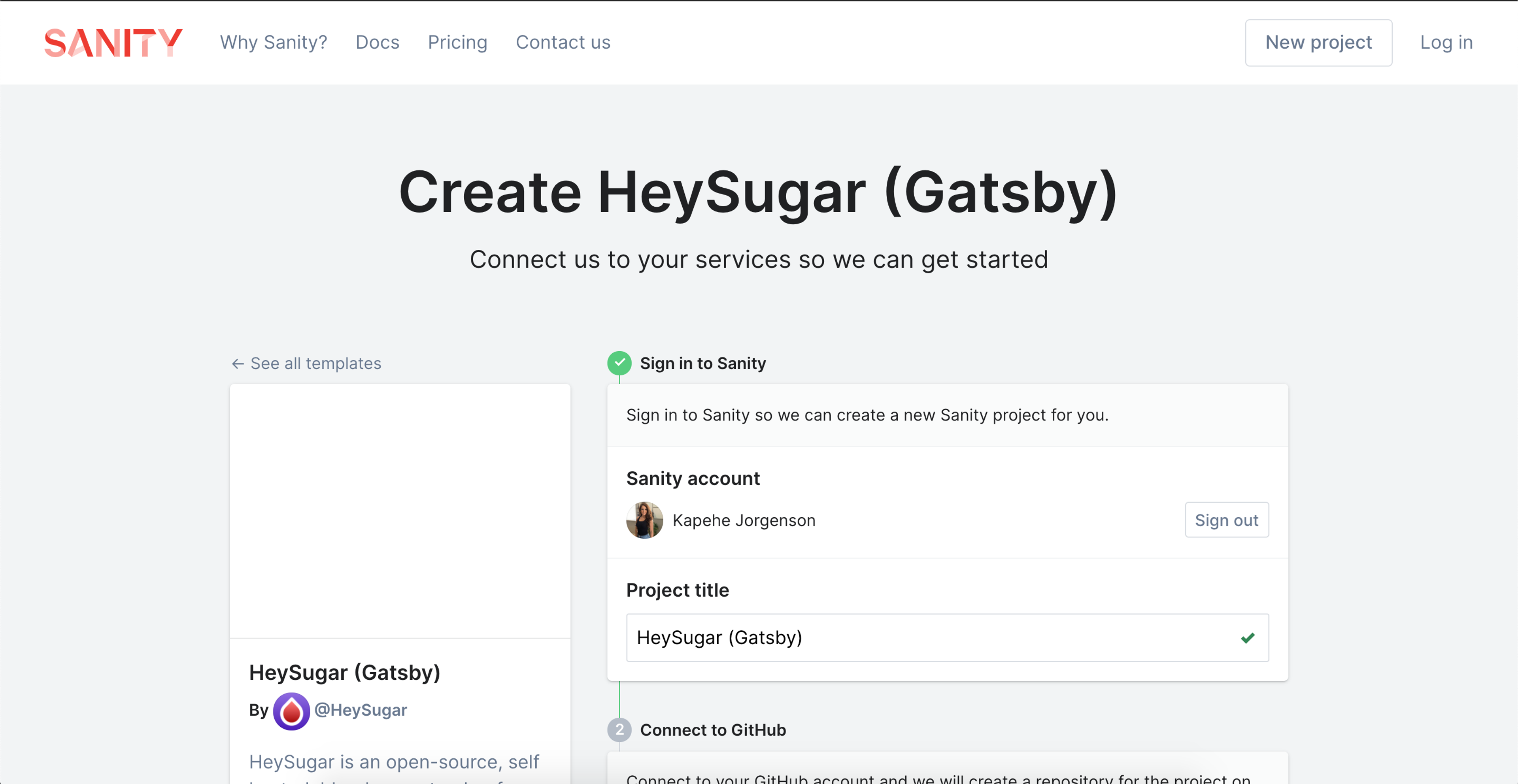 Sanity Starter view of HeySugar starter template