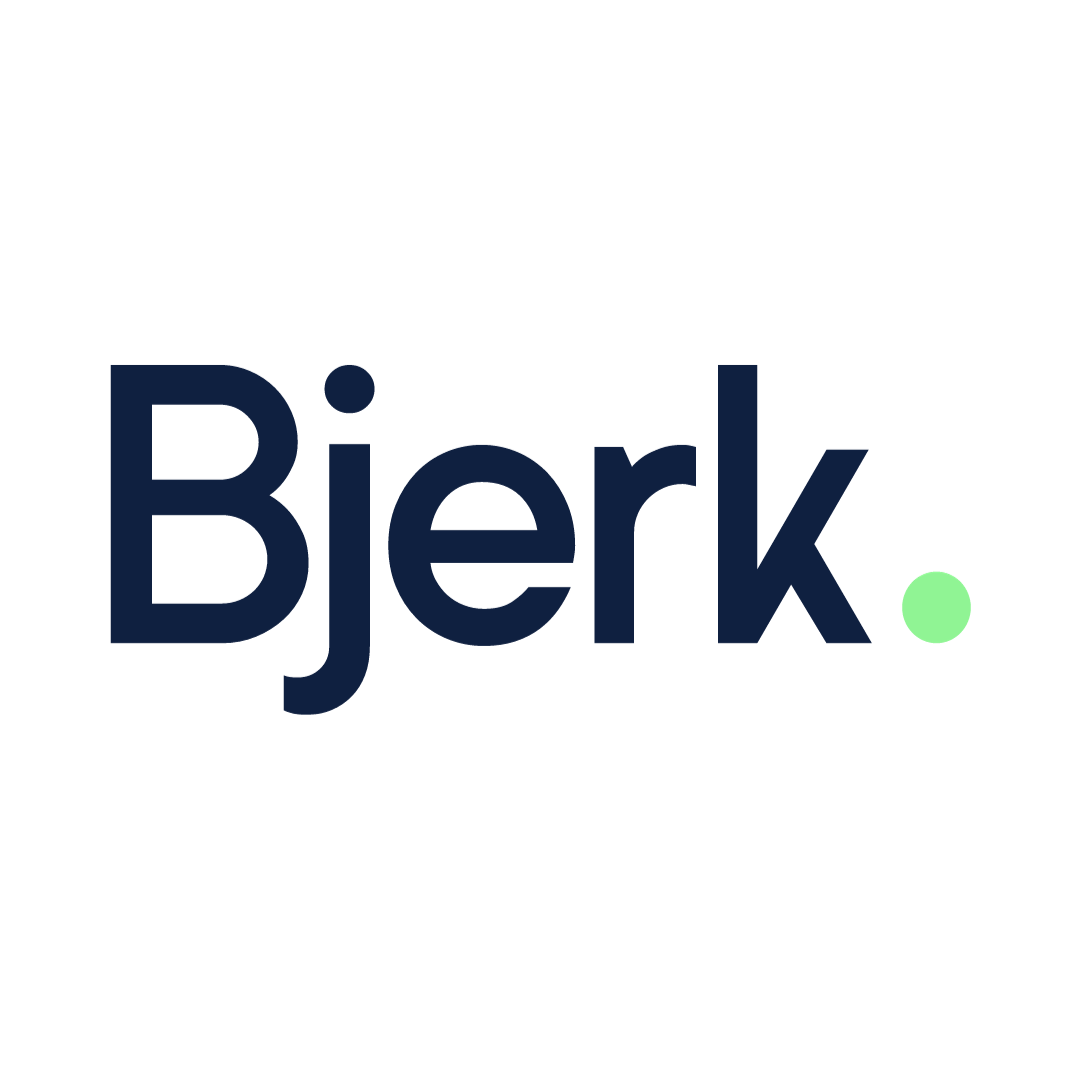 a blue and green bjerk logo on a white background
