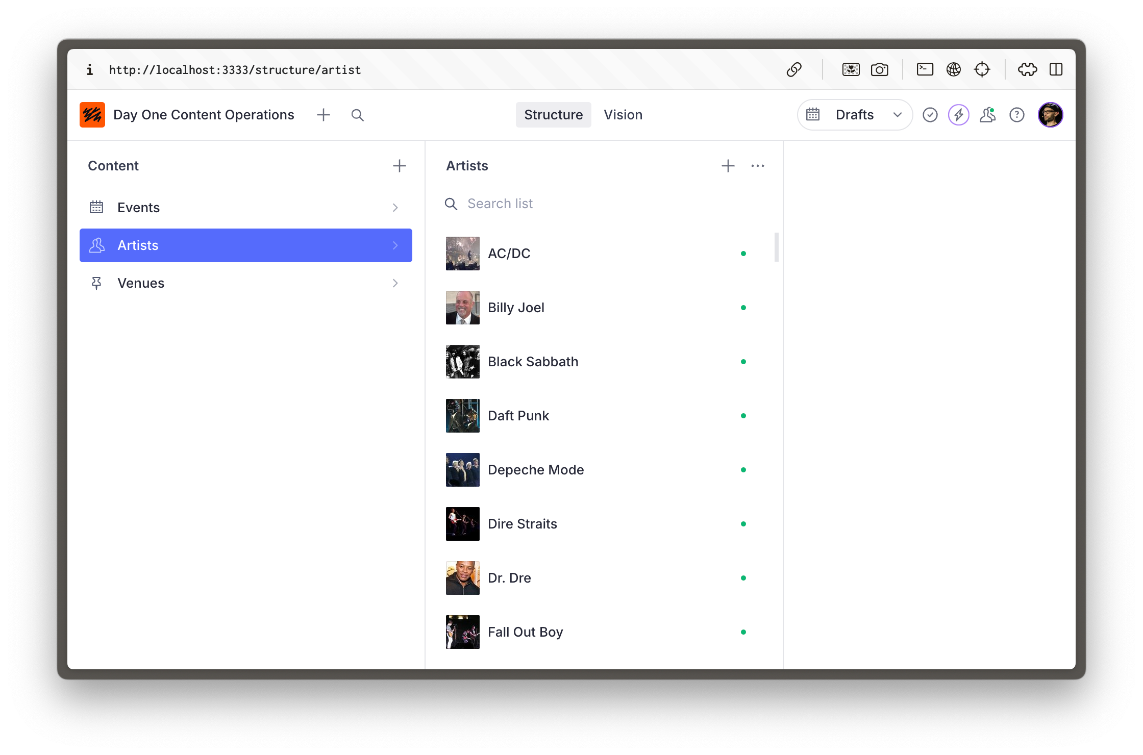 Sanity Studio showing a list of "artist" type documents
