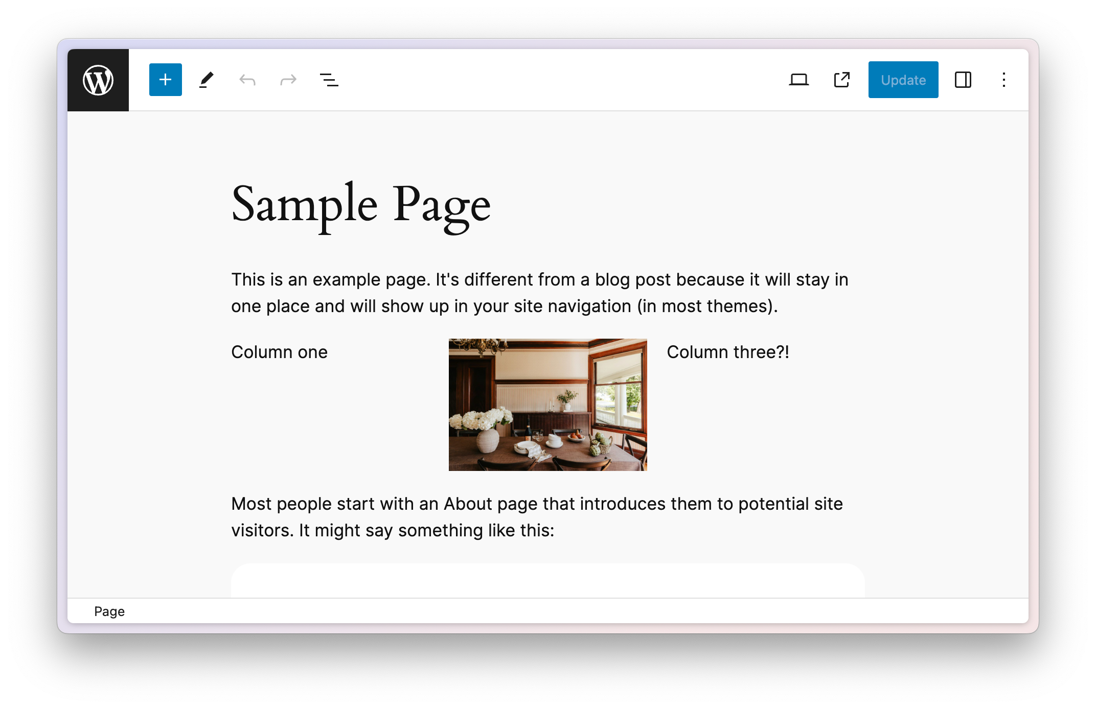 WordPress sample page showing a three column layout