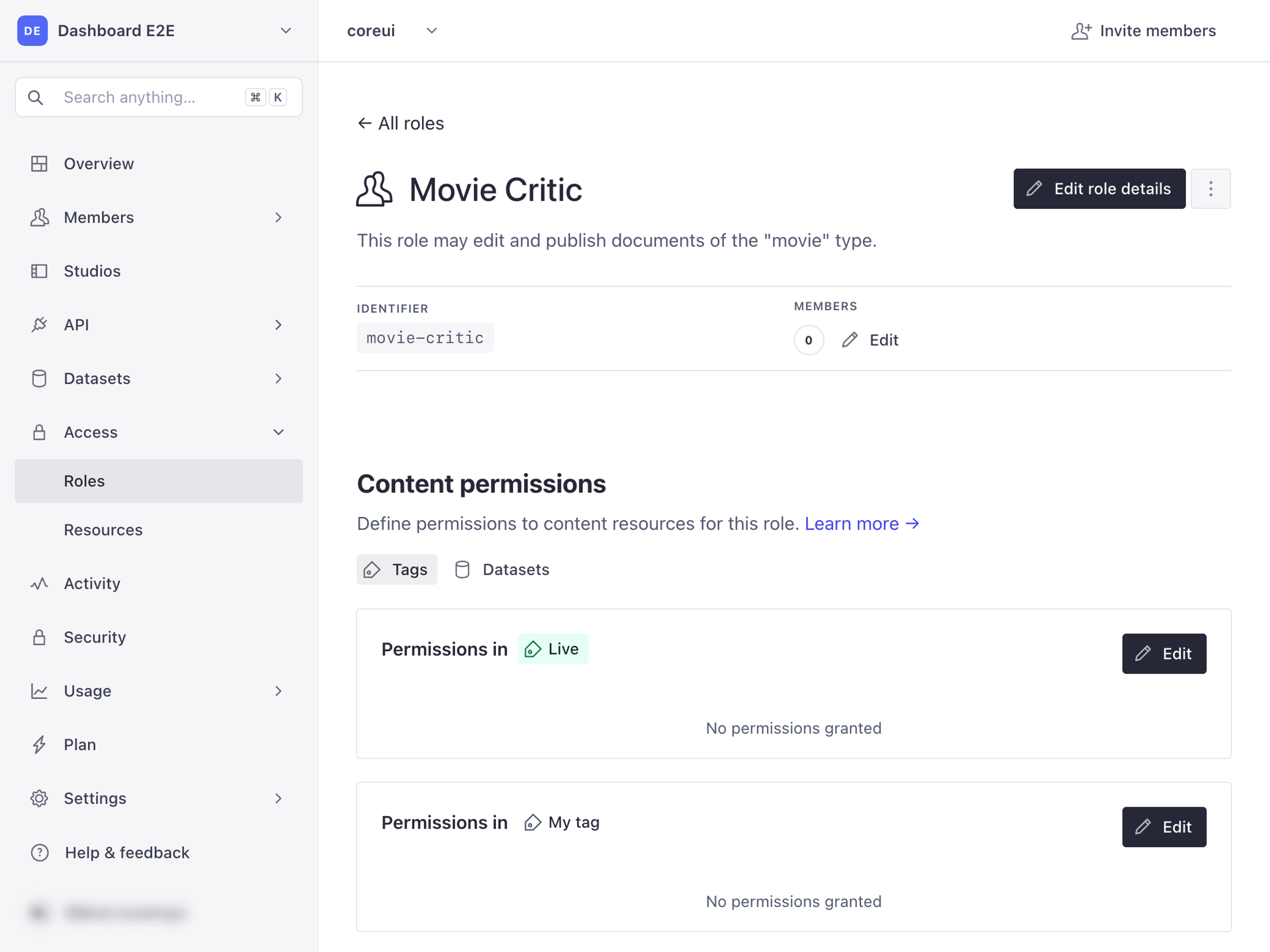 Shows overview of permissions for role