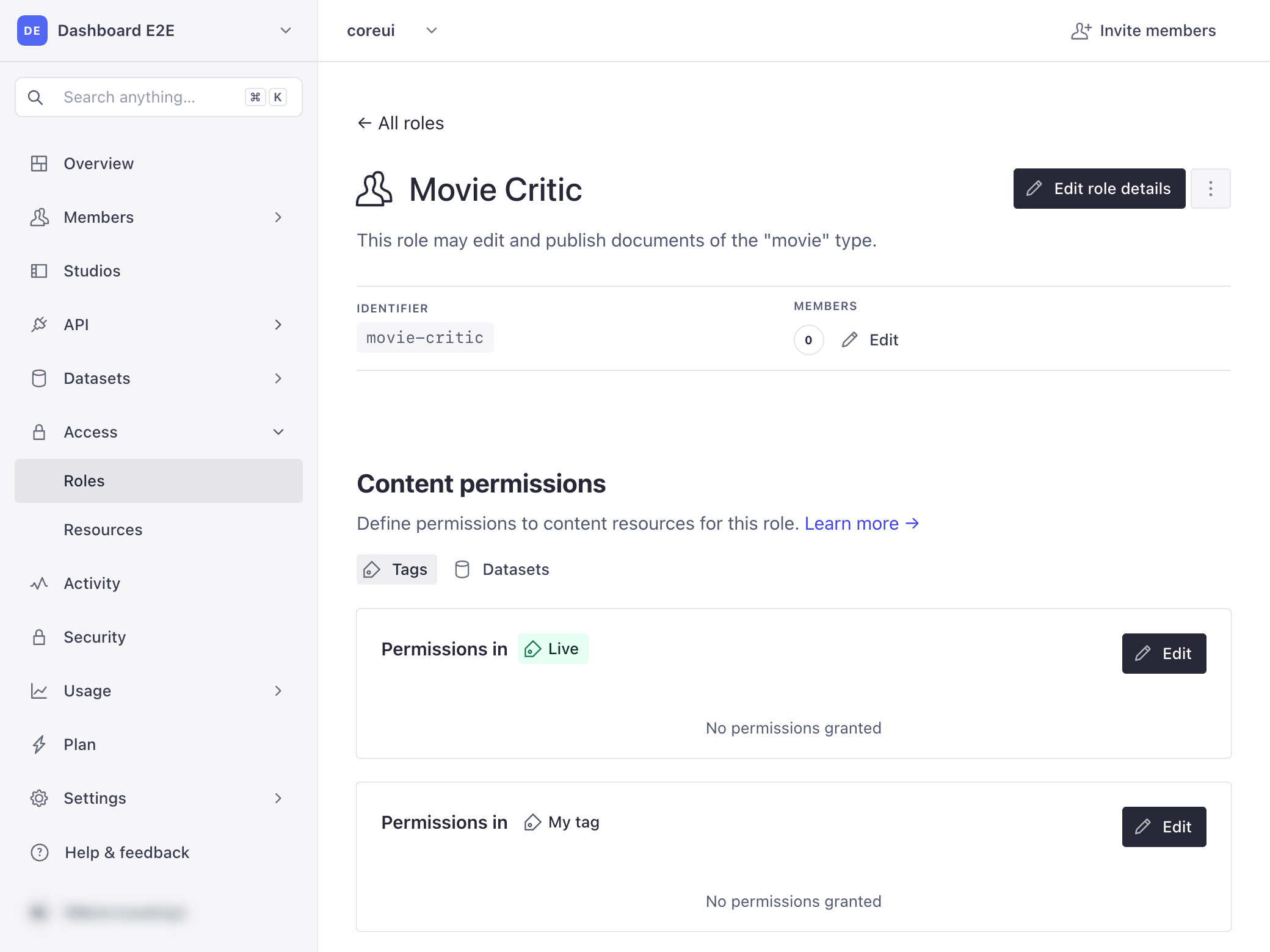 Shows overview of permissions for role
