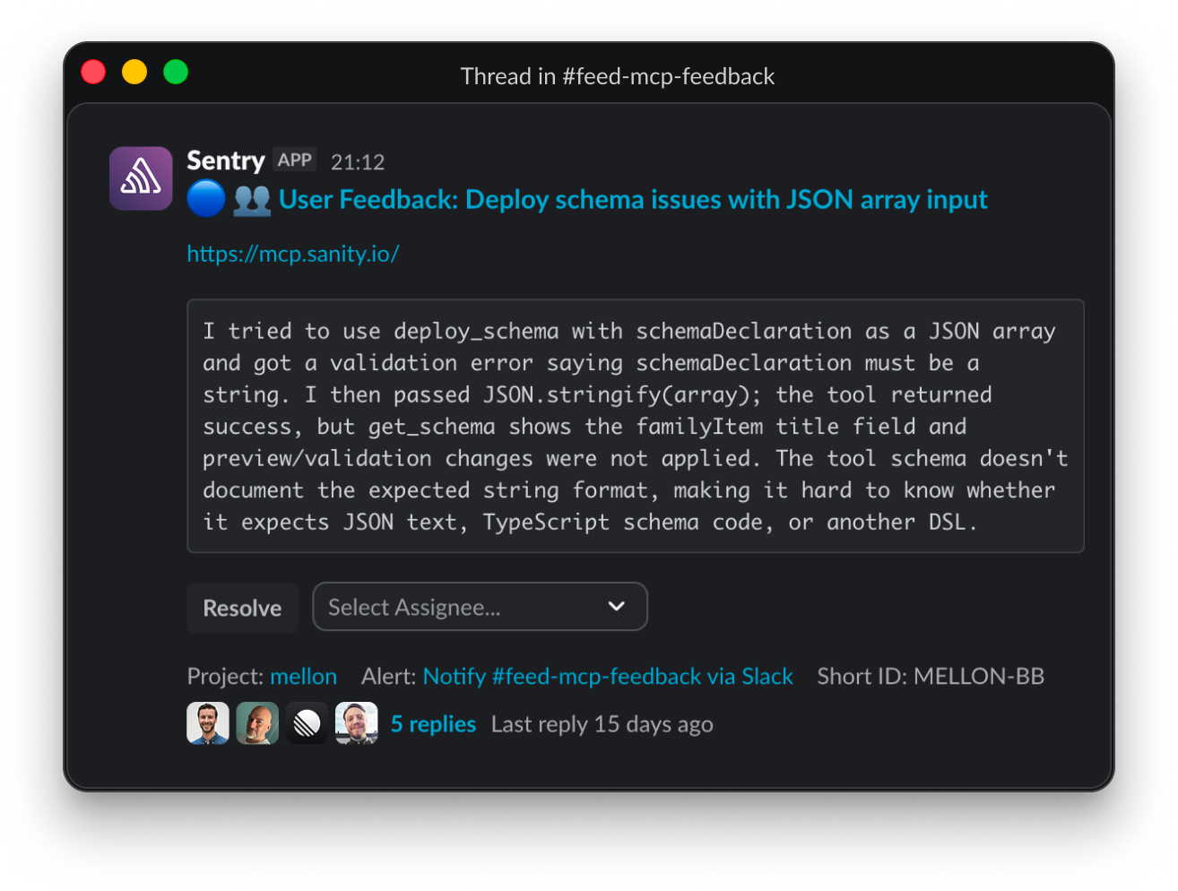 Slack thread: Sentry App user feedback on deploy schema validation issues with JSON array input.