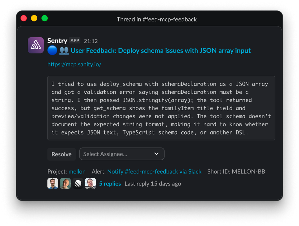 Slack thread: Sentry App user feedback on deploy schema validation issues with JSON array input.