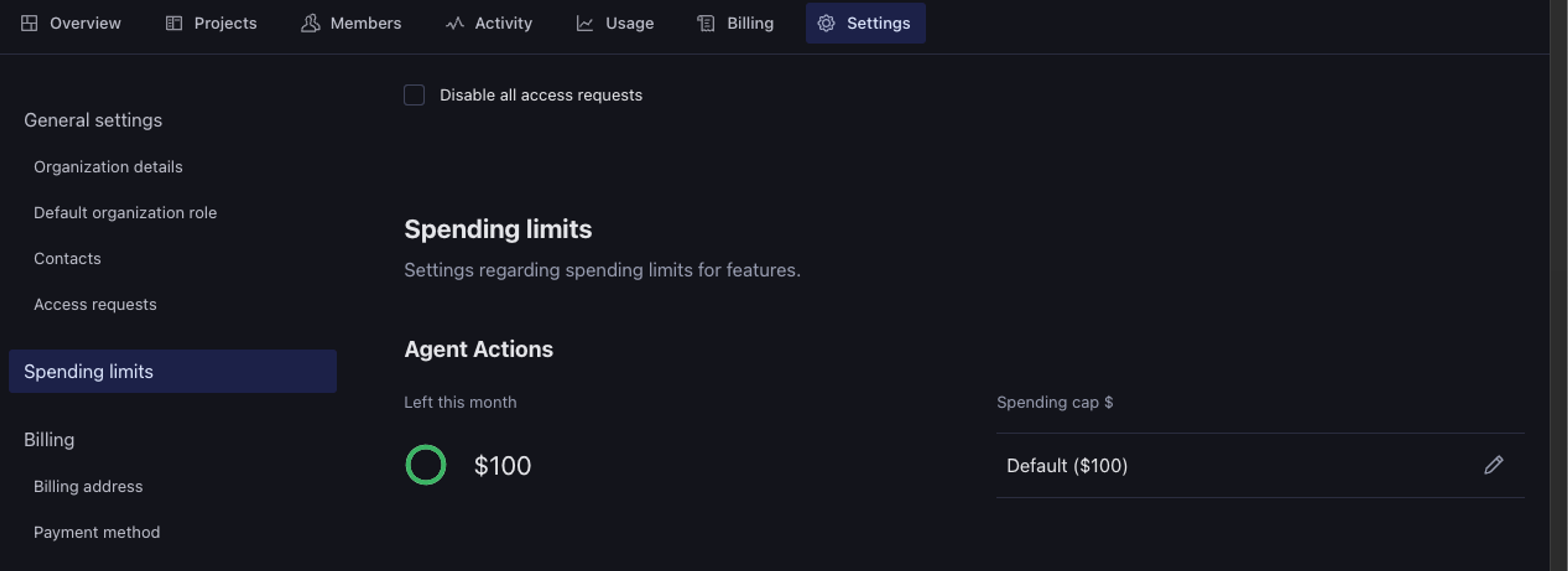 a screenshot of the spending limits page