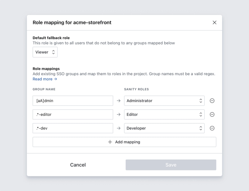 A role mapping dialog with a default fallback role and three group names mapped to Sanity roles