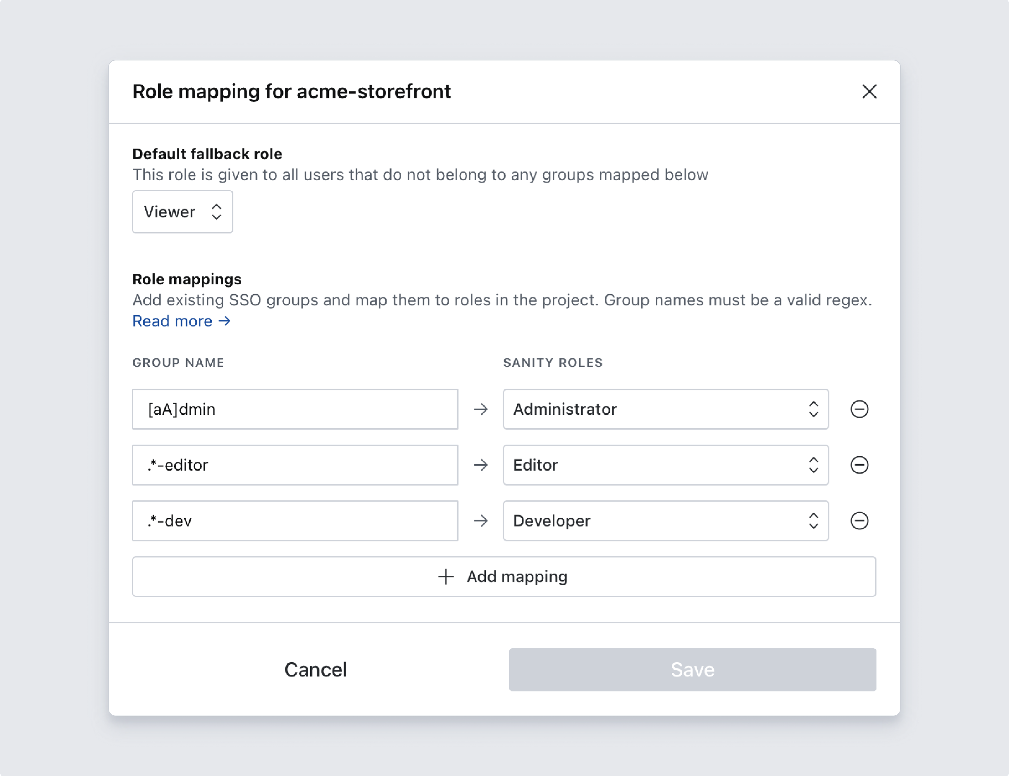 A role mapping dialog with a default fallback role and three group names mapped to Sanity roles