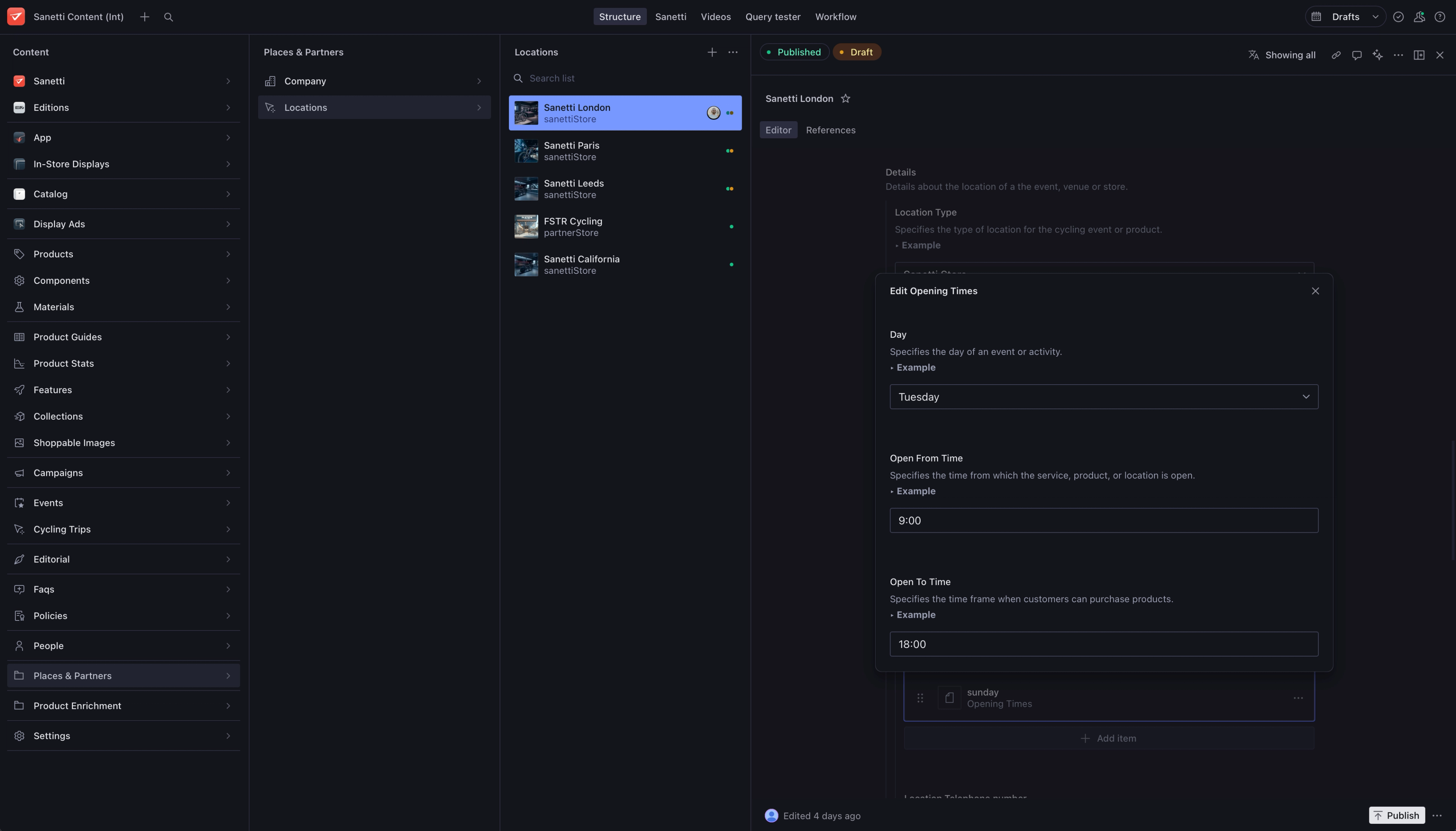 Nested document lists to edit store hours