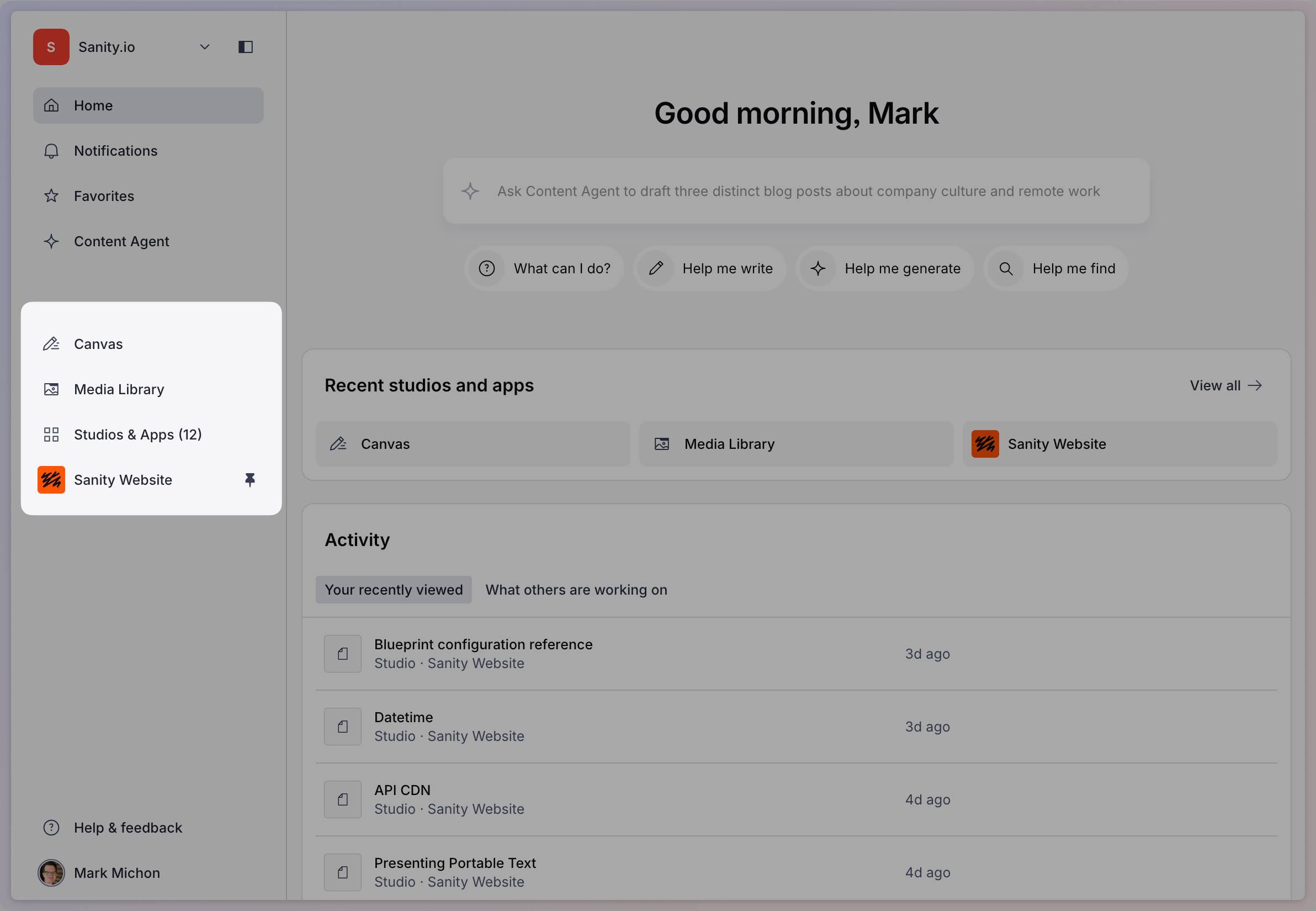 The dashboard with the application navigation highlighted in the left sidebar, listing Sanity apps, studios, and custom apps.