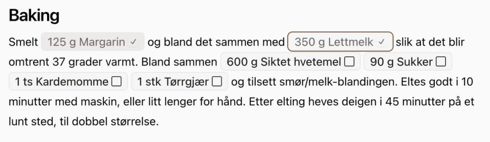 Baking instructions showing interactive ingredient references, including margarine, milk, flour, sugar, cardamom, and yeast, with scalable quantities and input fields for customization.