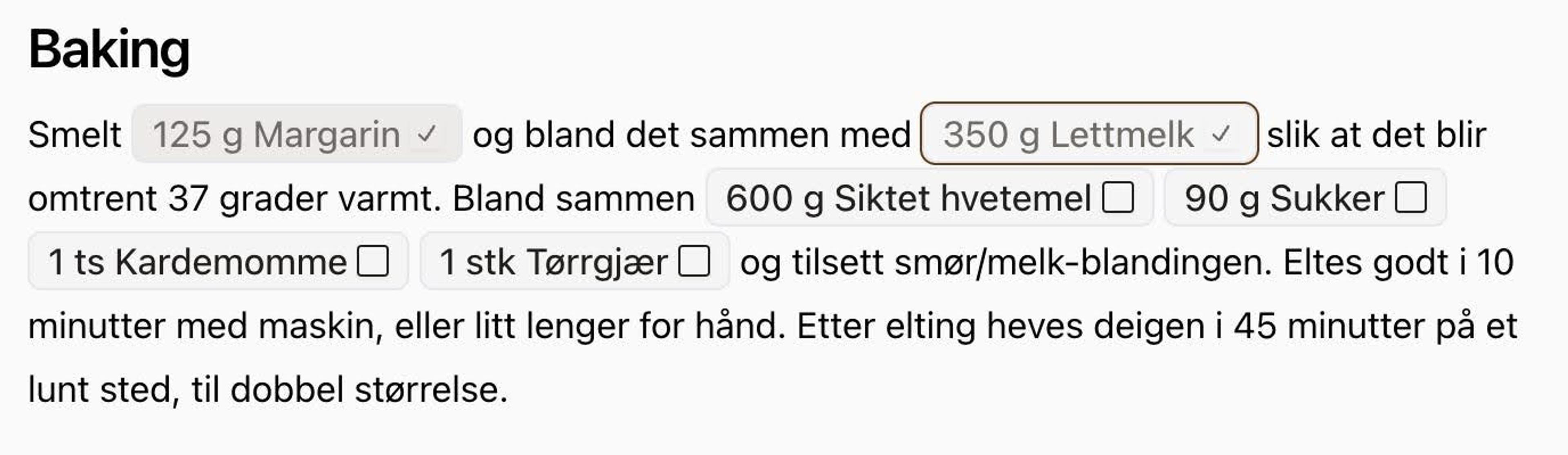 Baking instructions showing interactive ingredient references, including margarine, milk, flour, sugar, cardamom, and yeast, with scalable quantities and input fields for customization.