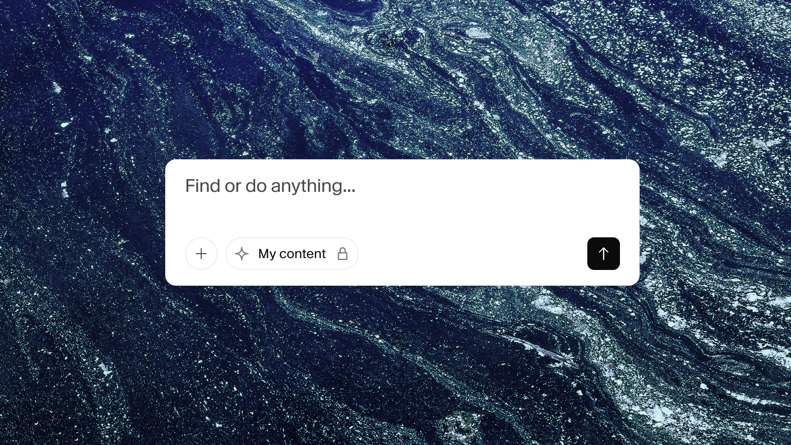 A white search bar with placeholder text "Find or do anything...", a "My content" button, and an upload icon, against a dark blue marbled background.
