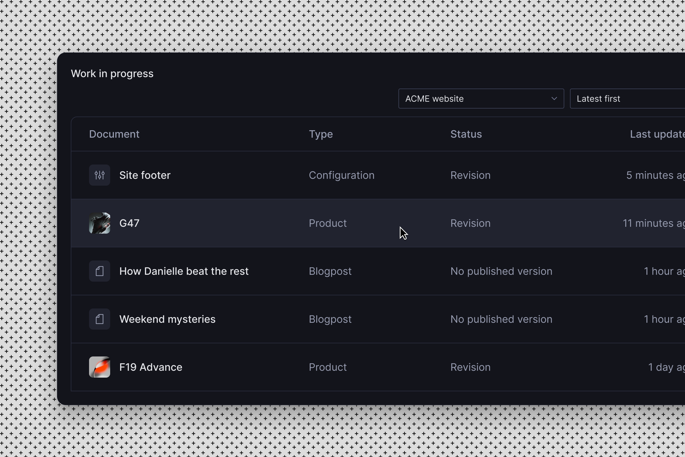 an interface showing a list of work in progress documents
