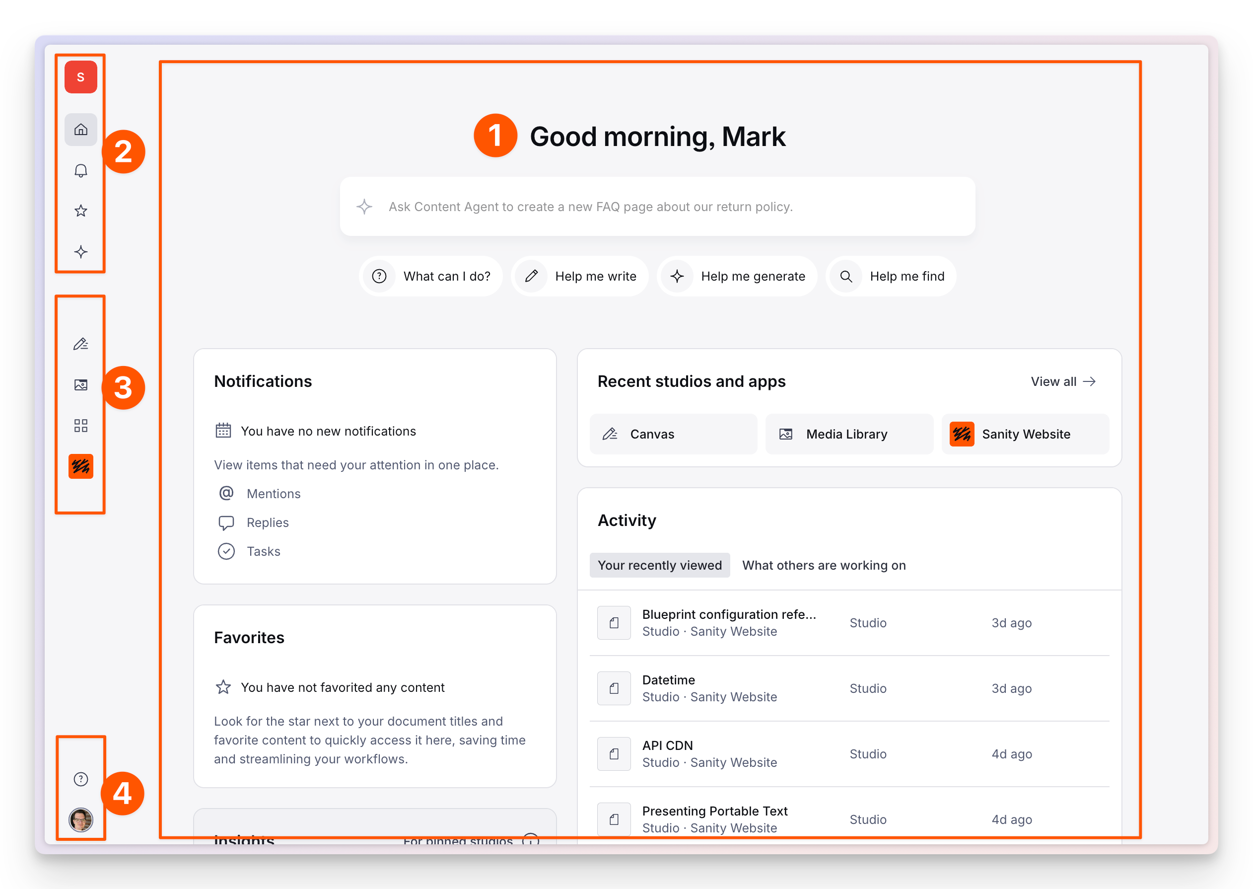 The dashboard home screen with four numbered regions: 1, the main content area; 2, the dashboard navigation and expanding panels; 3, the application navigation; 4, account settings and help.