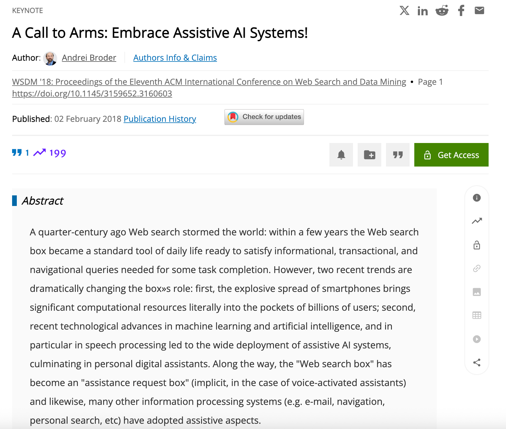An image showing the paper 'A Call to Arms: Embrace Assistive AI Systems!' by Andrei Broder from 2018