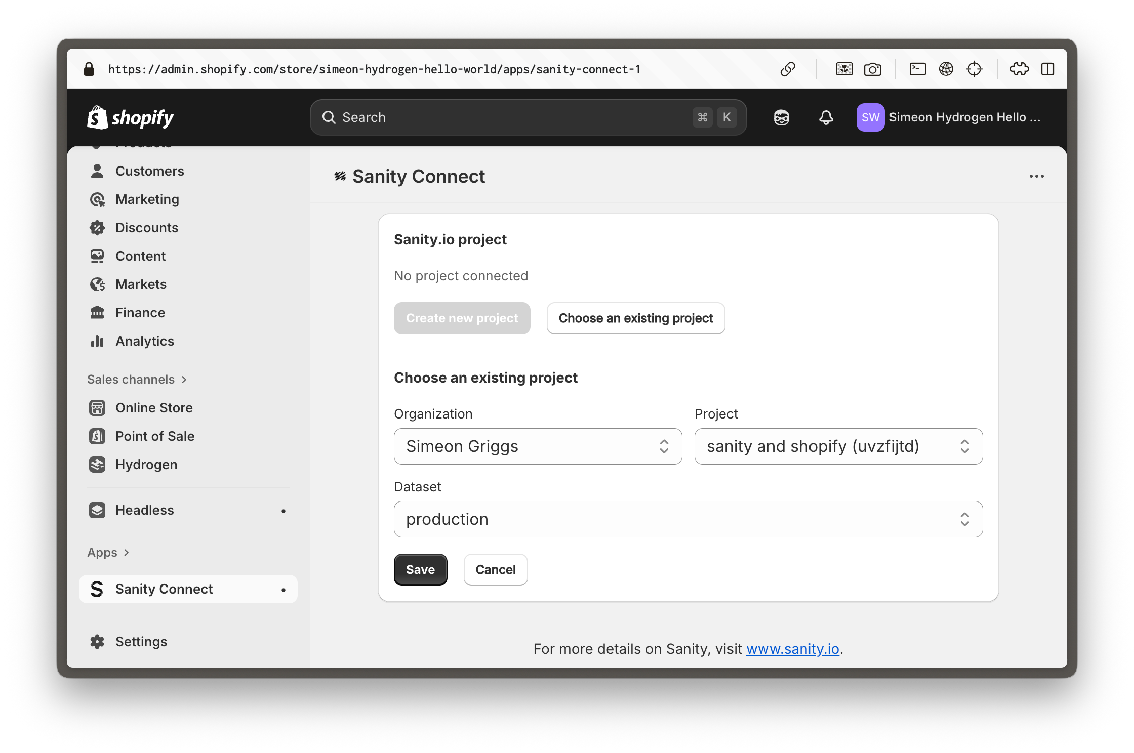 Shopify Connect app screen on Shopify store dashboard