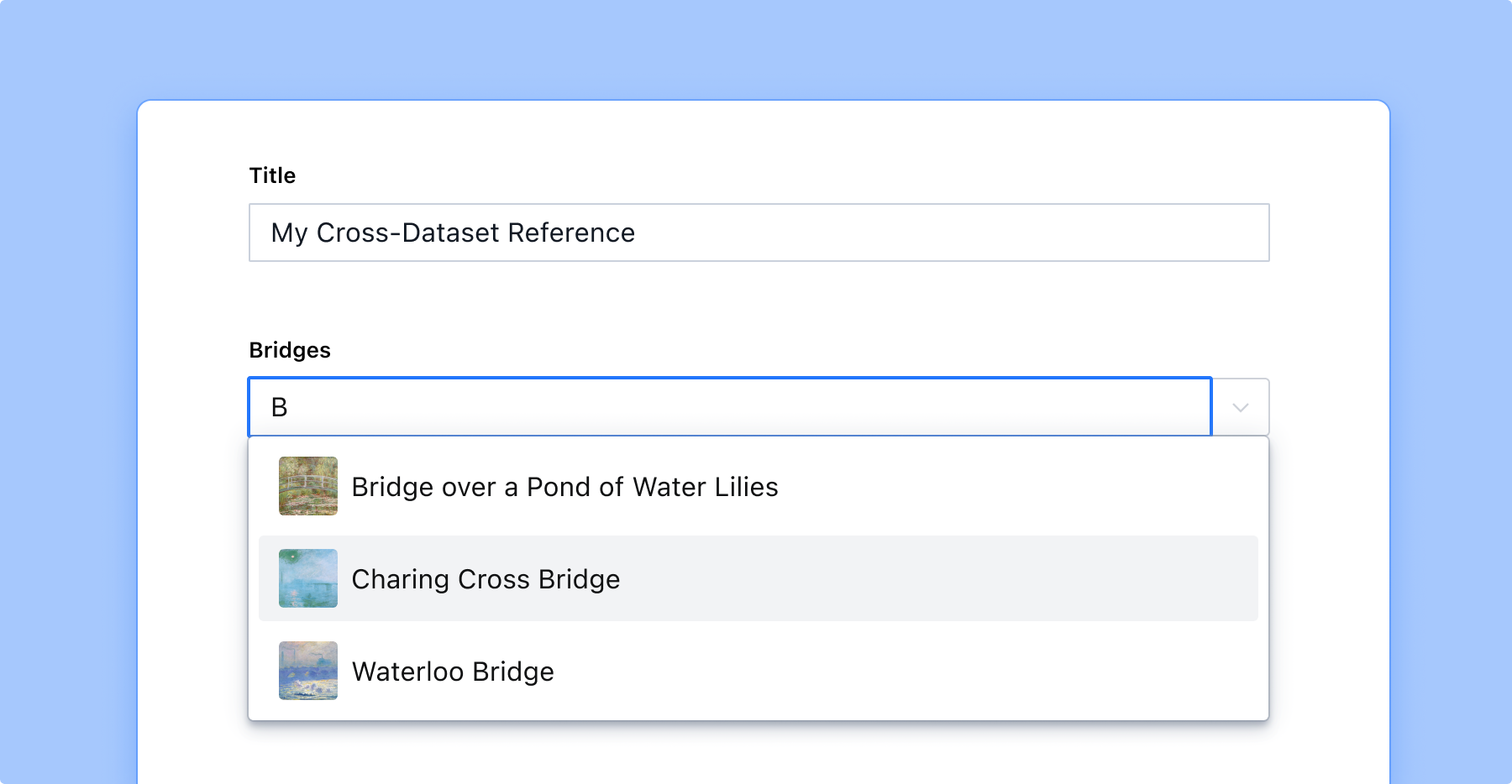 Cross-dataset reference input in Sanity Studio showing search results from the target dataset.